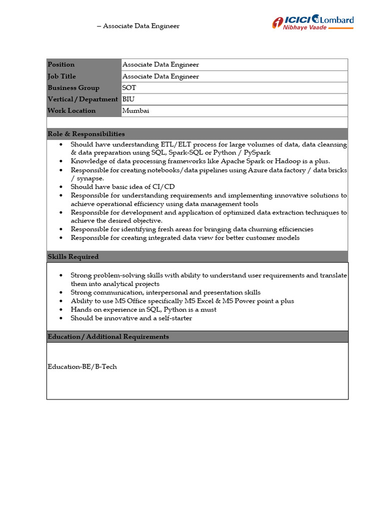 Associate Data Engineer Job Description | PDF