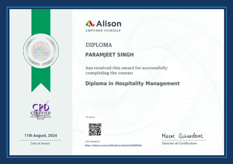 Alison Certificate Diploma in Hospitality Management PDF