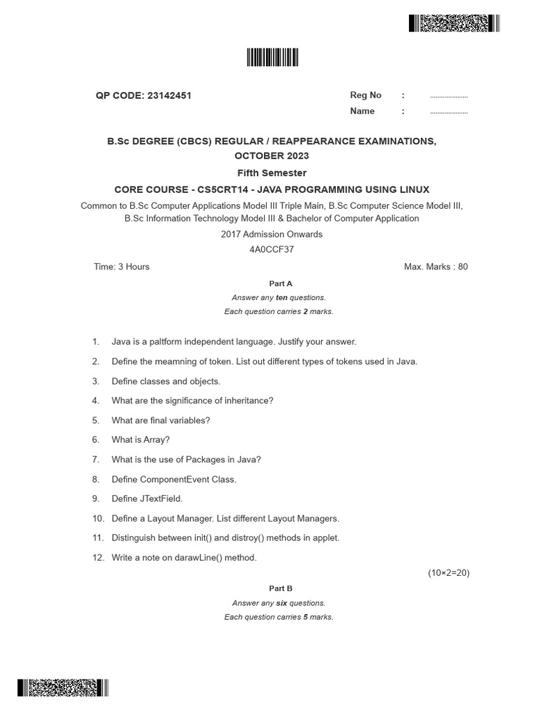 BCA Java Programming Exam Paper 2023 | PDF | Java (Programming Language ...