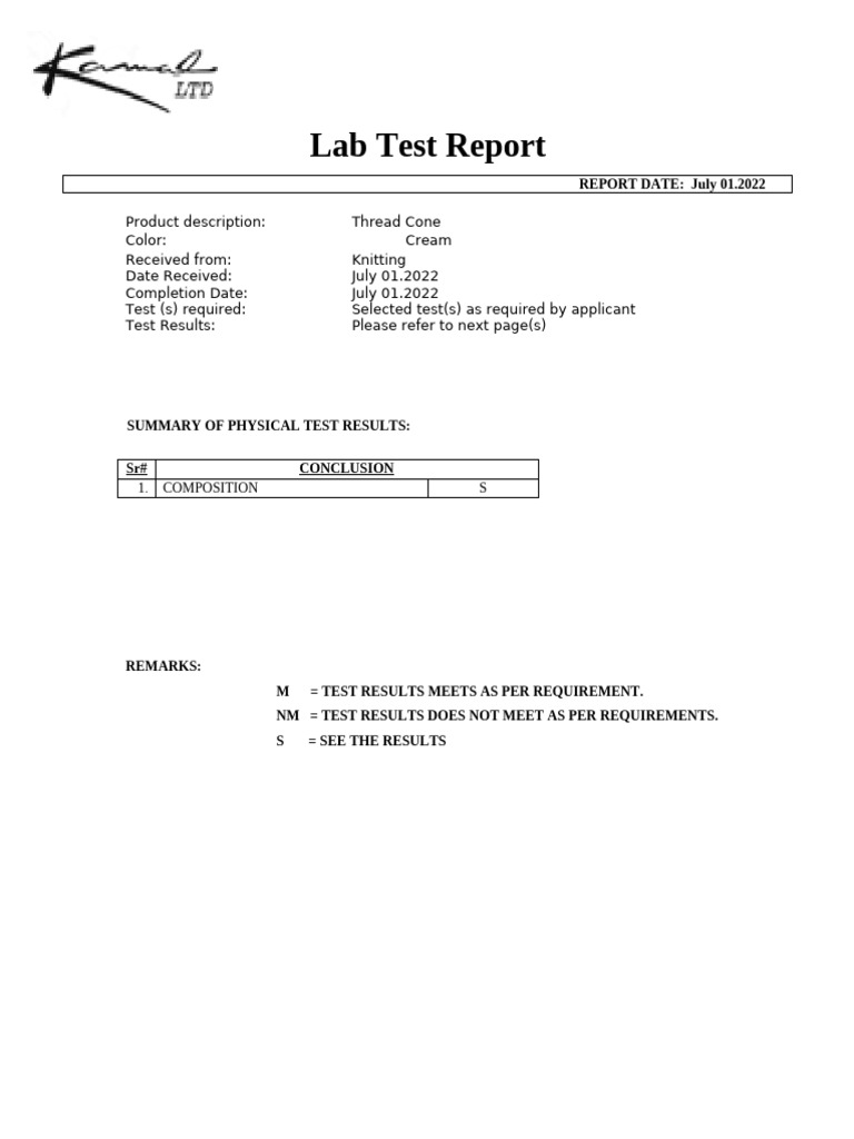 Textile Lab Test Summary | PDF