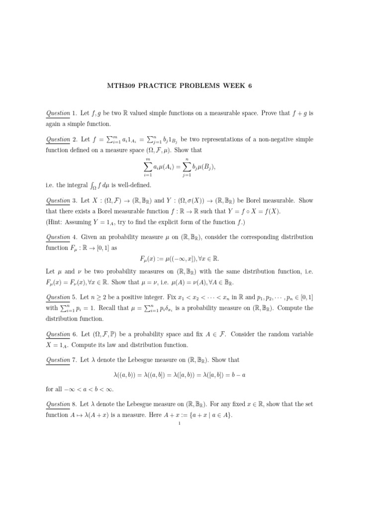 Practice Set Week 6 | PDF | Measure (Mathematics) | Function (Mathematics)