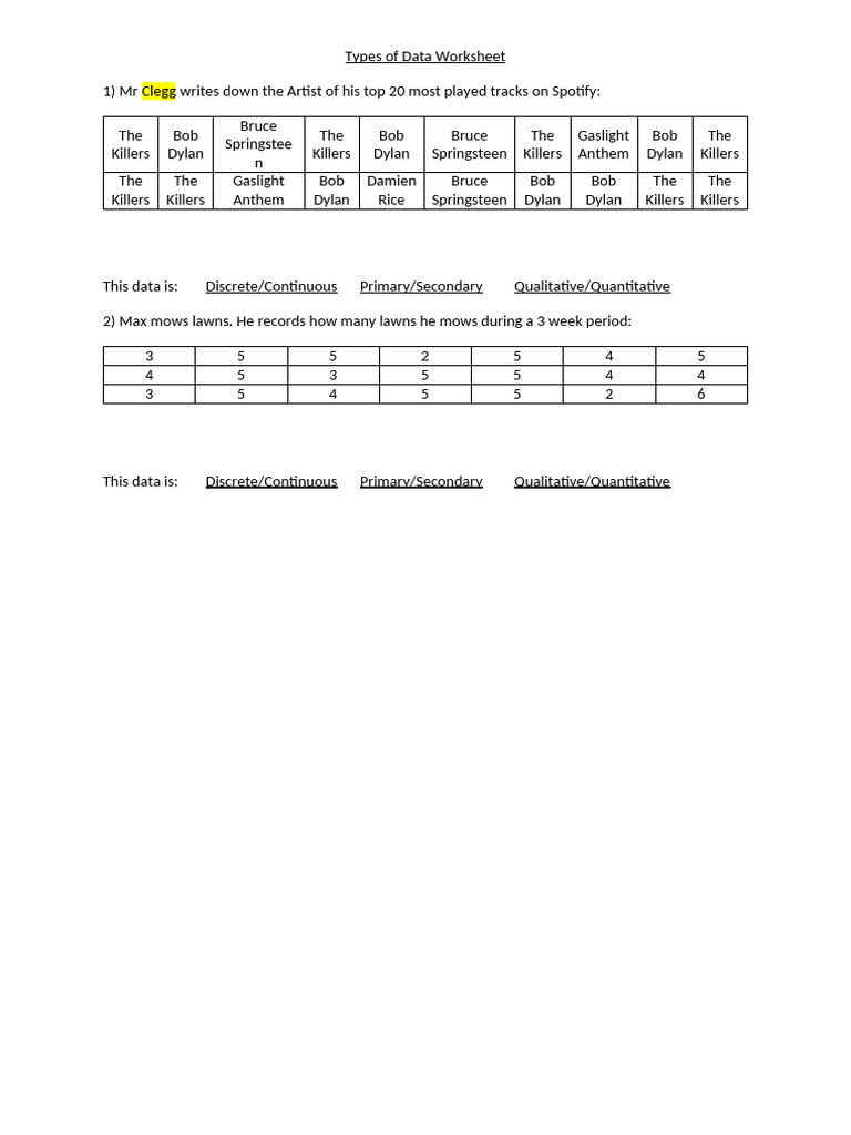 Types of Data Worksheet | PDF