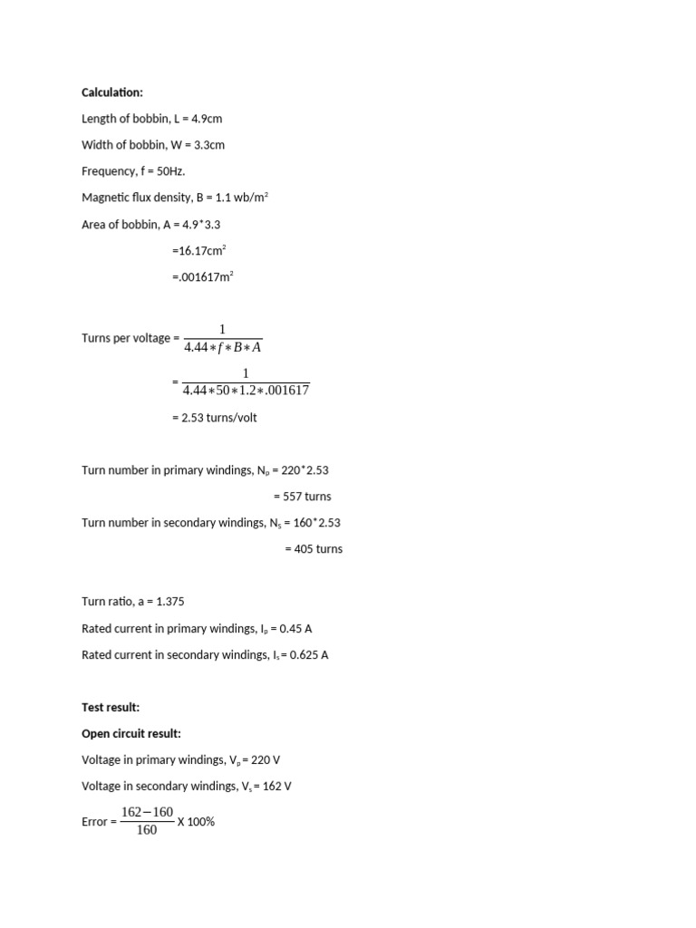 Calculation of Transformer | PDF