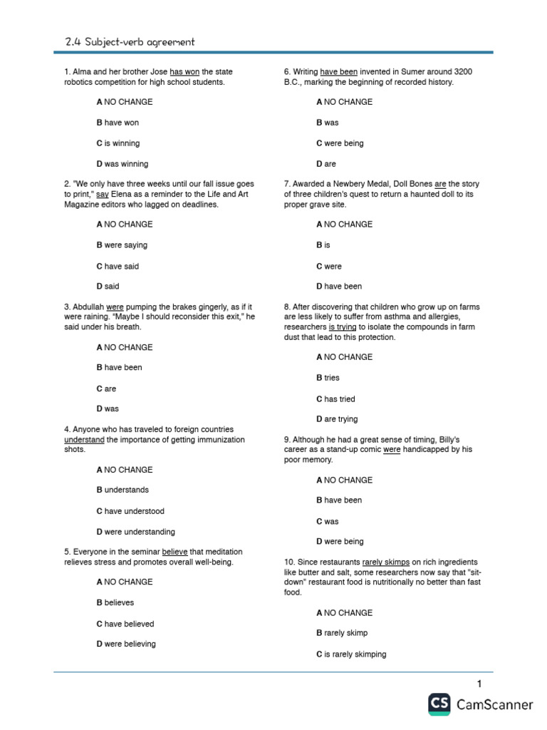 Subject-Verb Agreement Practice | PDF