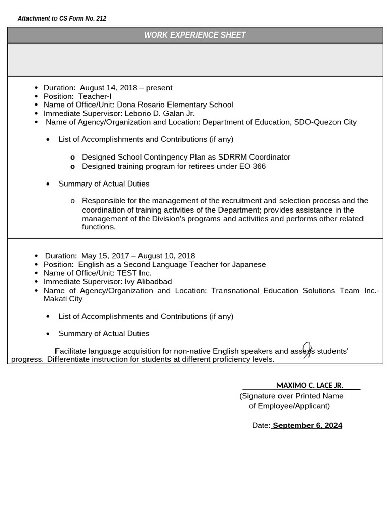 Work Experience Sheet for Teacher-I | PDF