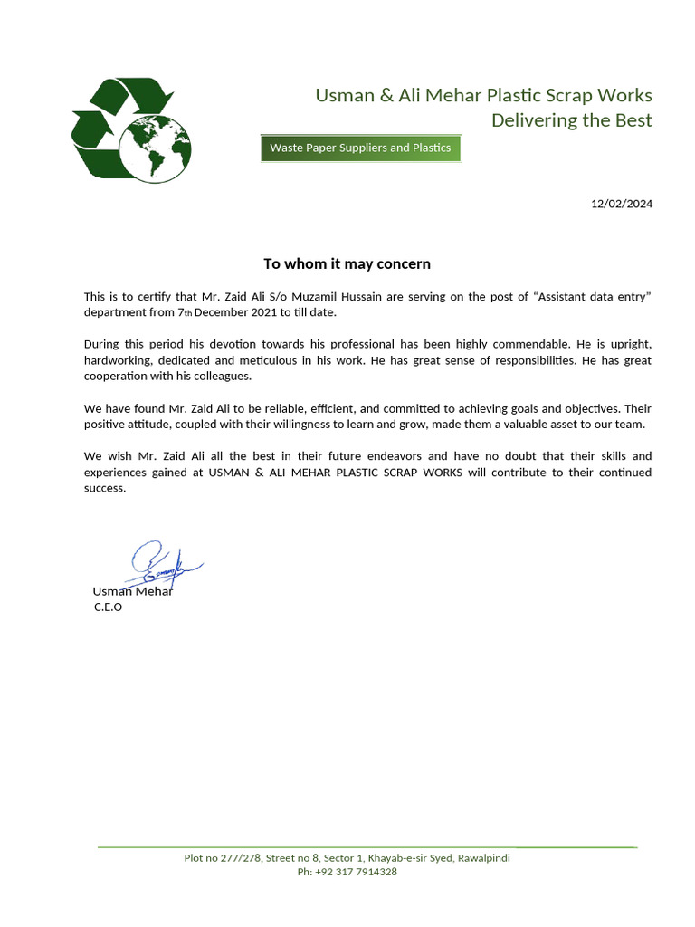 Usman & Ali Plastic Supplier Work Exp | PDF