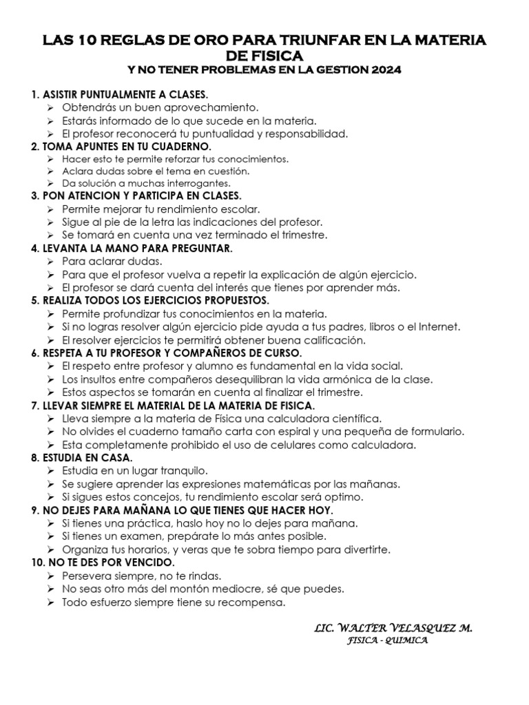 Las 10 Reglas de Oro para Triunfar en La Materia de Fisica | PDF | Maestros