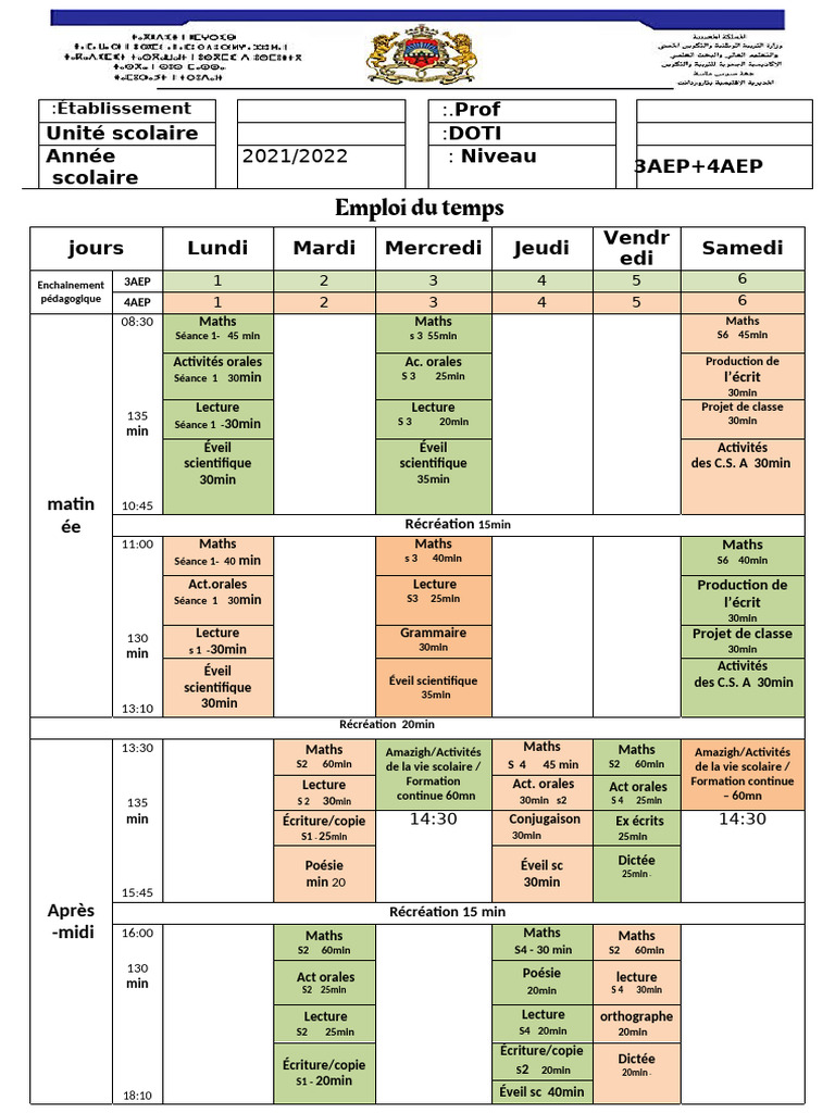 Emploi Du Temps Des Niveaux 3aep Et 4aep Francais Amazigh 67 | PDF