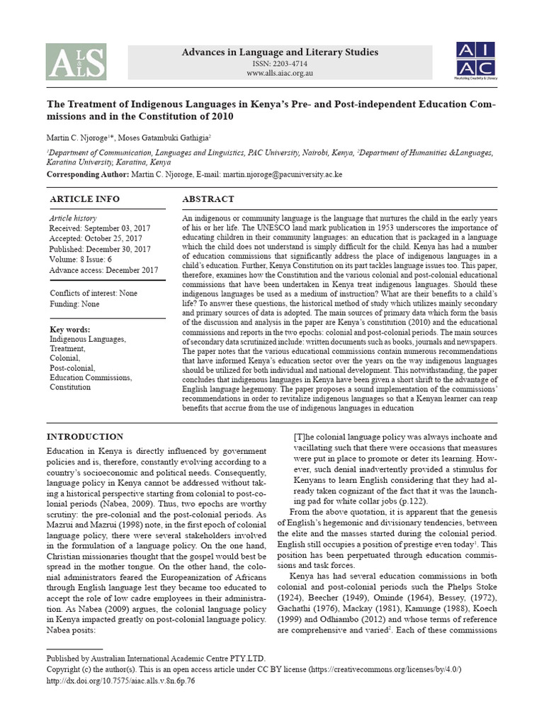 The Treatment of Indigenous Languages in Kenyas P | PDF