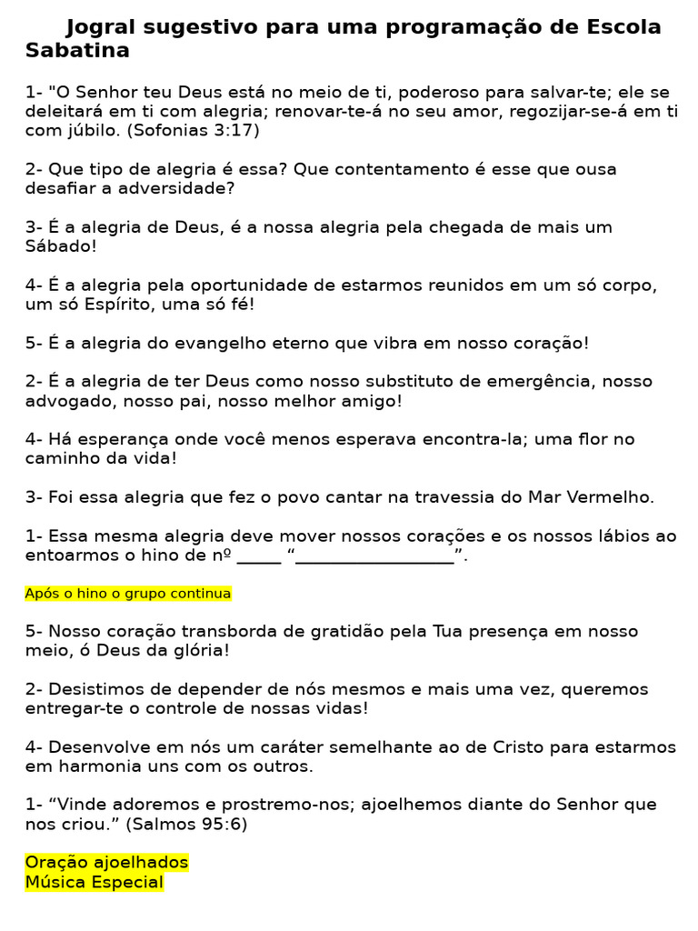 Jogral para Abertura da Escola Sabatina | PDF | Oração | Fé