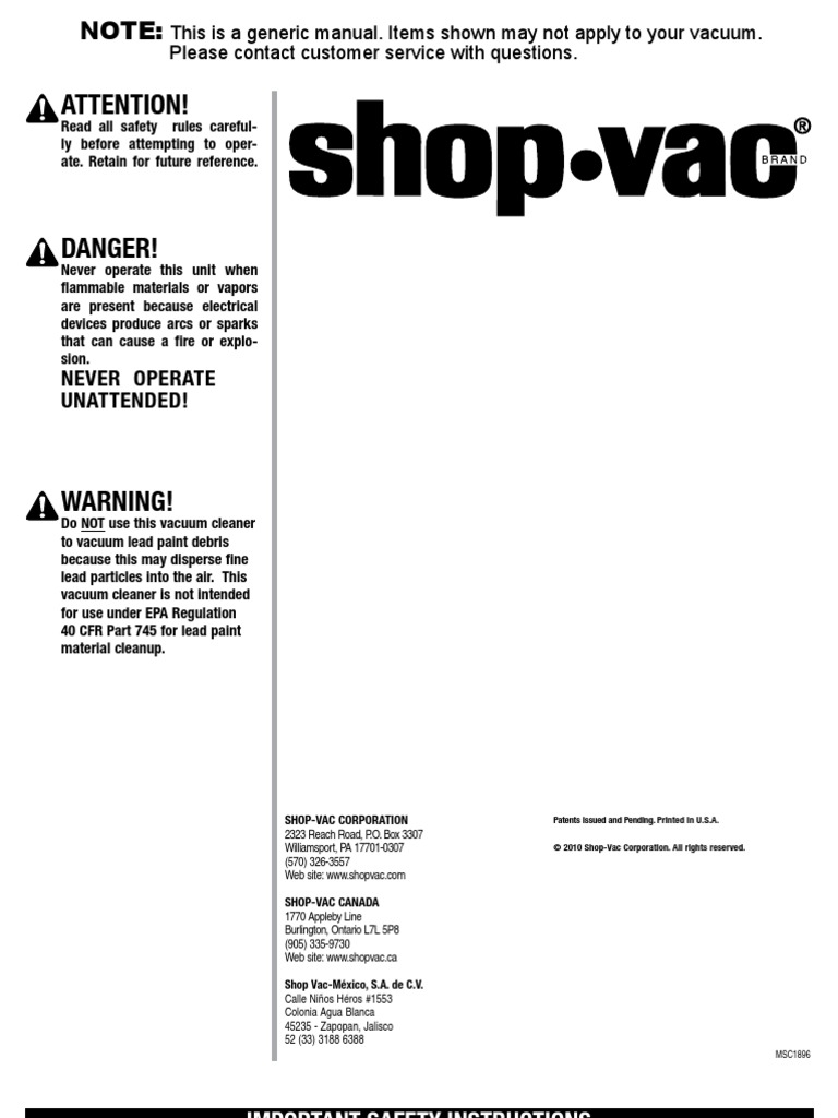 ShopVac General User Manual PDF