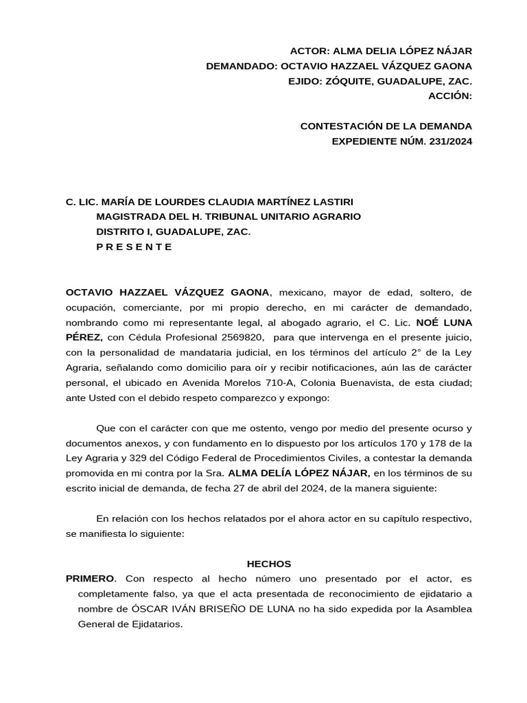 Contestación de La Demanda | PDF | Demanda judicial