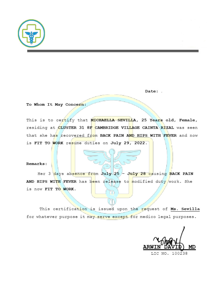 Medical Cert Fit To Work | PDF