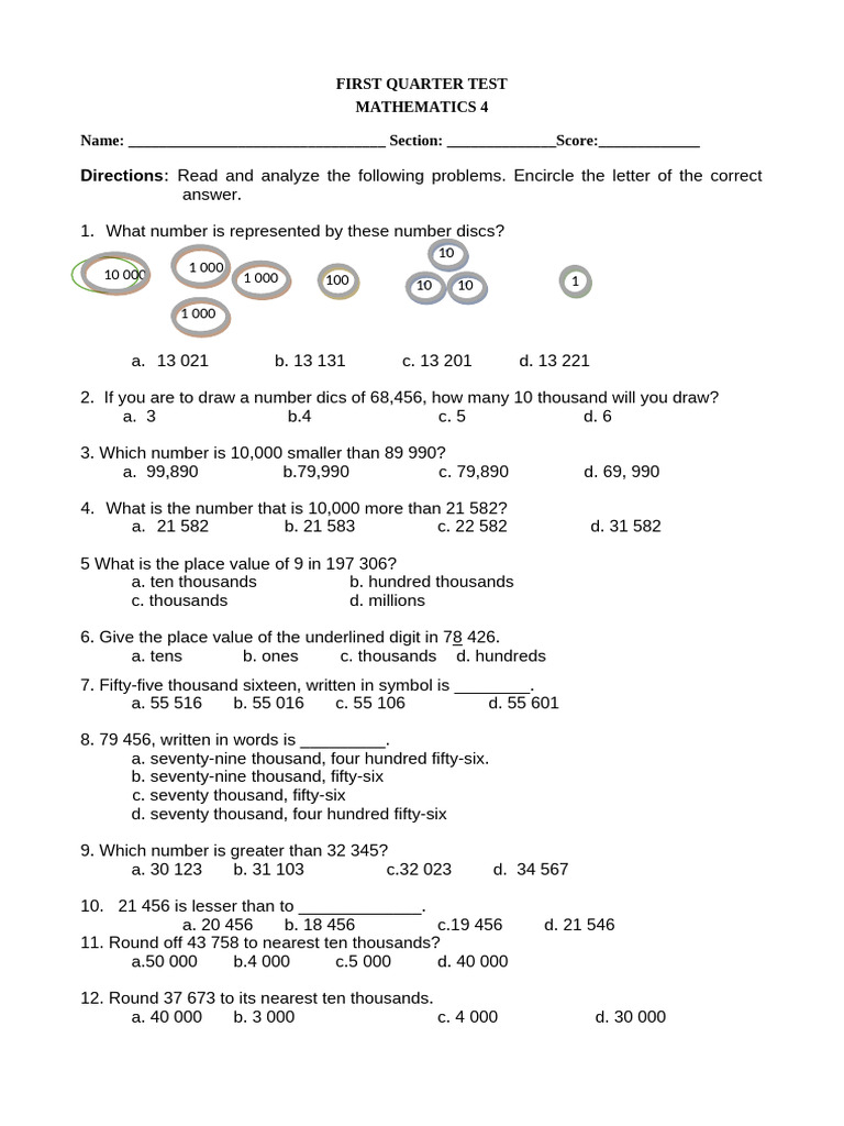 Math 4 First Quarter Exam | PDF