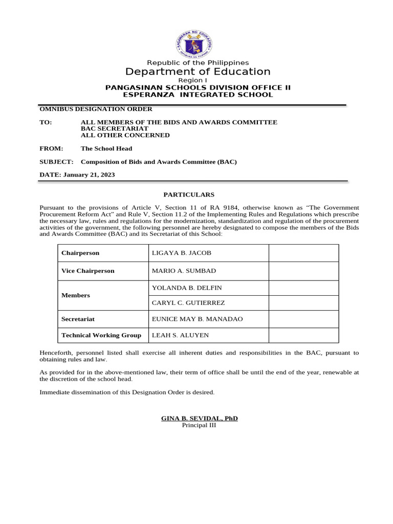BAC Composition Order for Esperanza School | PDF
