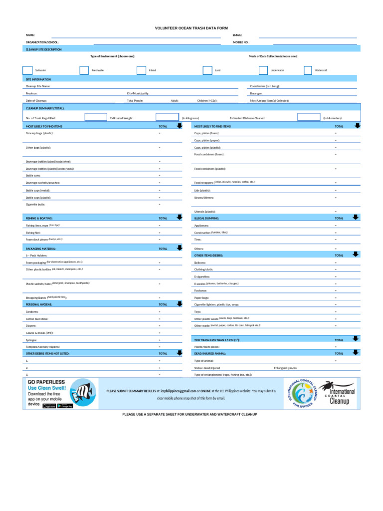Volunteer Ocean Trash Data Form | PDF | Oceanography | Earth Sciences