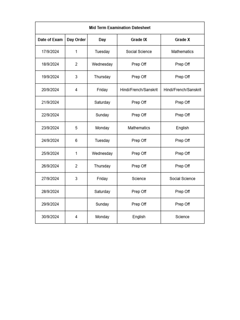 Grade IX - X Mid Term Exam Datesheet | PDF