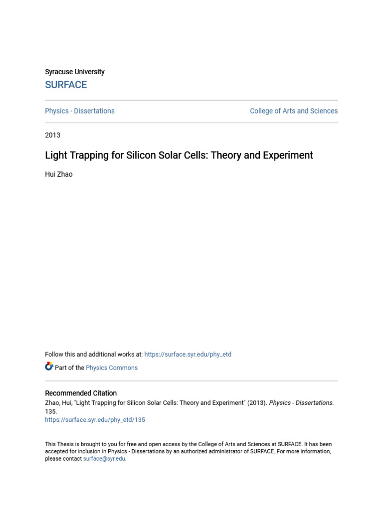 Light Trapping For Silicon Solar Cells Theory and Experiment | PDF