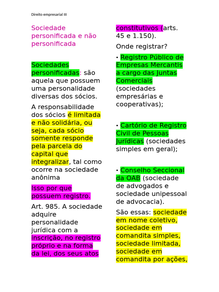 Sociedade Personificada e Não Personificada | PDF