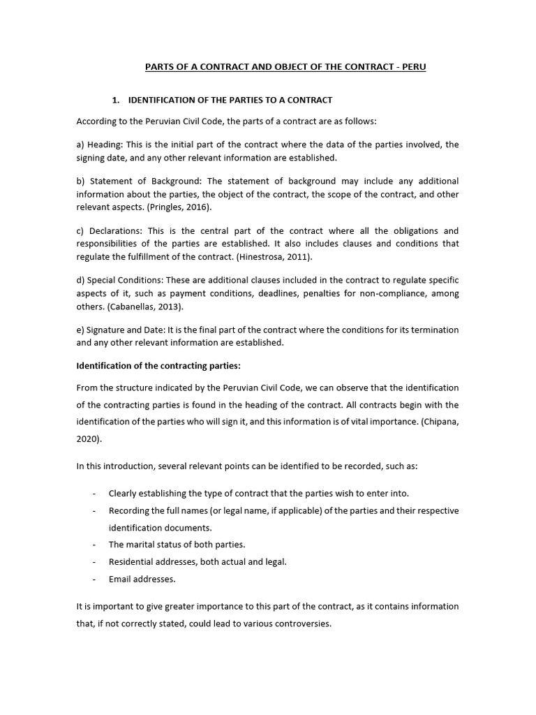 PARTS OF A CONTRACT AND OBJECT OF THE CONTRACT - PERU | PDF