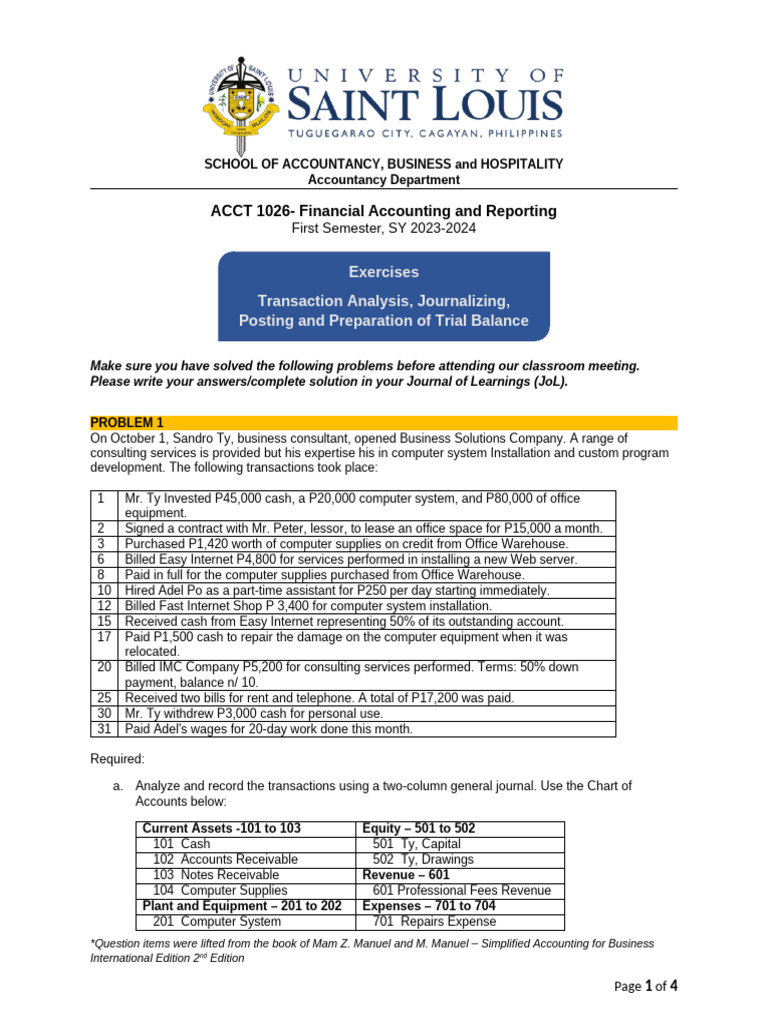 EXERCISES Analysis of Business Transactions Journalizing Posting and ...