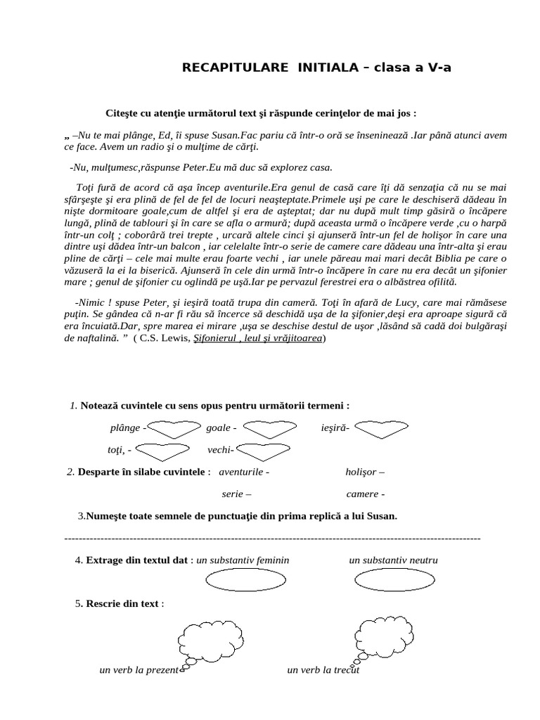 0 Fisa PT Recapitularea Initiala Cls V | PDF