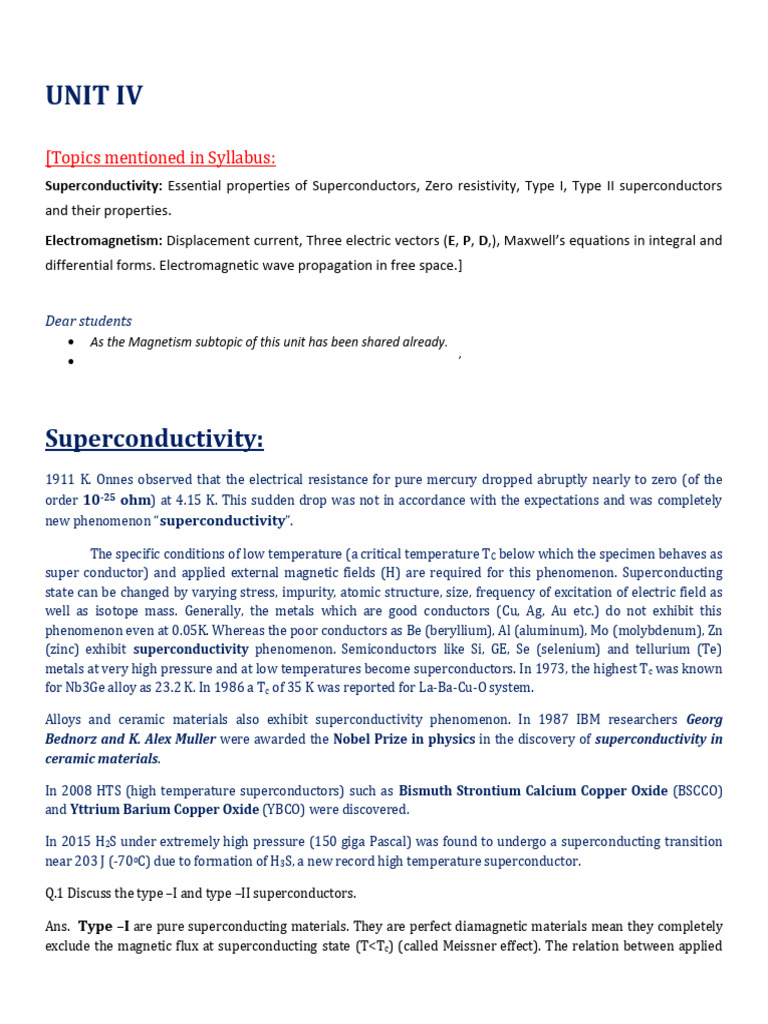 Unit 4 - Supercondcutivity-Complete Notes | PDF