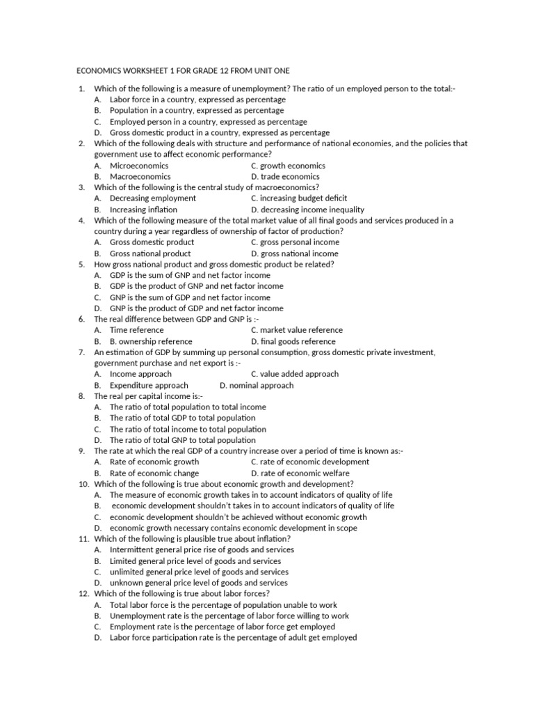Economics Work Sheet 1 On Unit 1 For Grade 12 | PDF