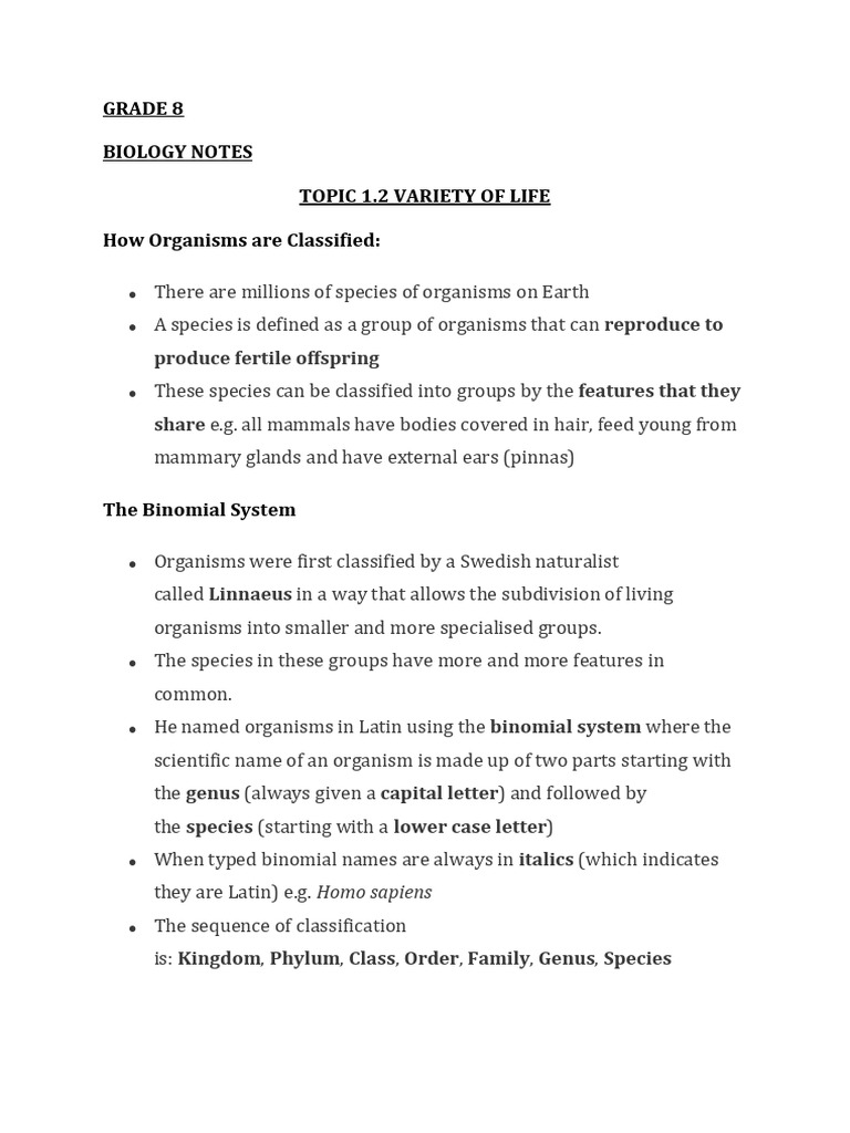 Grade 8 Biology Notes Topic 1.2 Variety of Life How Organisms Are ...