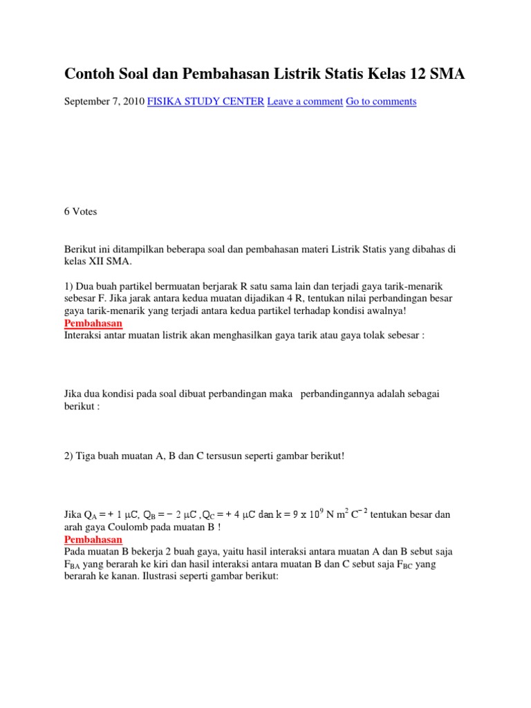 Contoh Soal Dan Pembahasan Listrik Statis Kelas 12