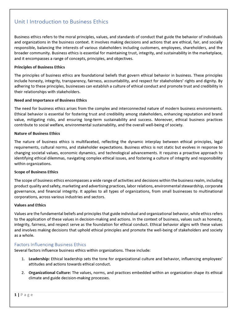 Business Ethics & Corporate Governance - All Unit - SP | PDF