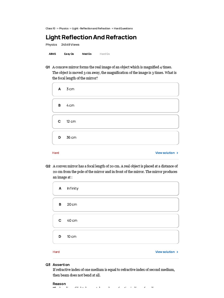 Light Reflection and Refraction: Physics 24549 Views | PDF