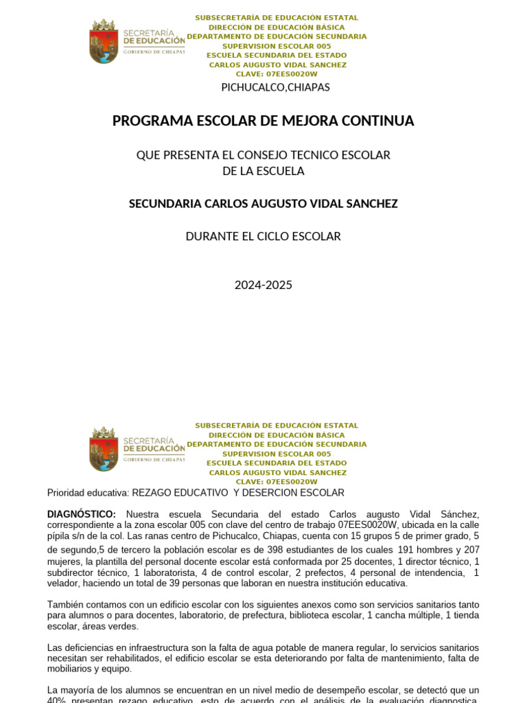 Programa Escolar de Mejora Continua 2024-2025 | PDF