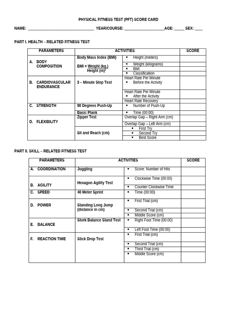 PFT Score Card | PDF | Body Mass Index | Physical Exercise