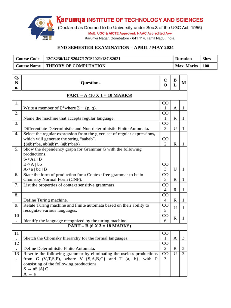 End Semester Examination - April / May 2024 | PDF | Automata Theory ...