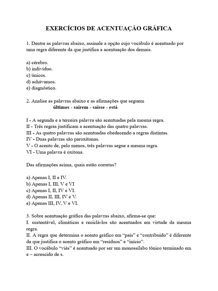 Exercícios de Acentuação Gráfica - Revisão | PDF