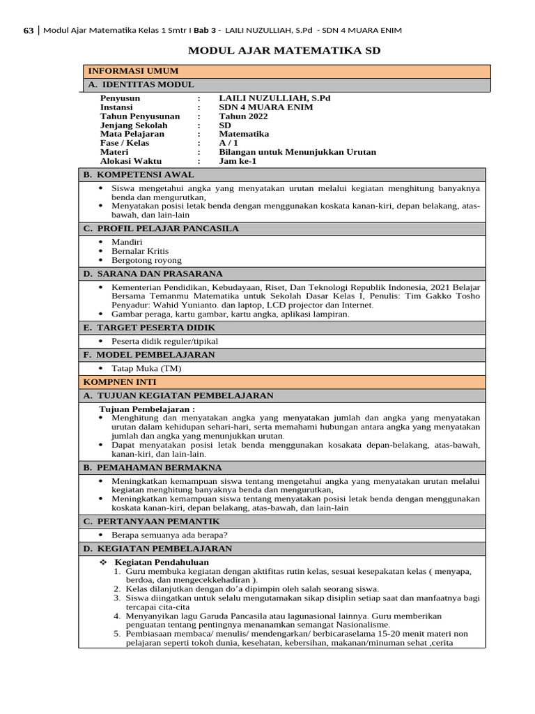 Modul Ajar Matematiks BAB 3 KELAS 1 OK | PDF