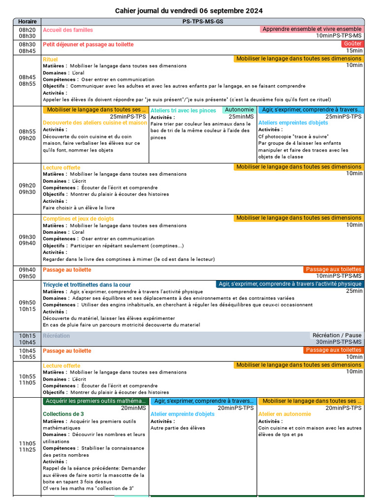 cahier journal tps ps ms | PDF