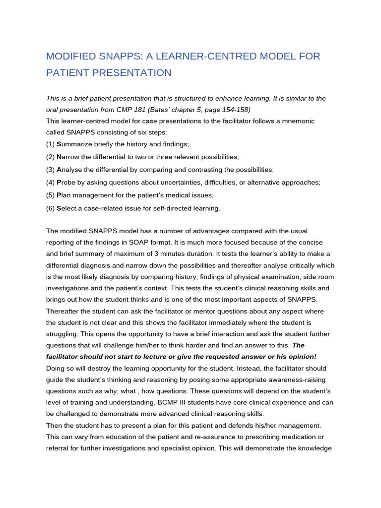 Modified SNAPPS for Patient Presentation | PDF | Learning | Knowledge