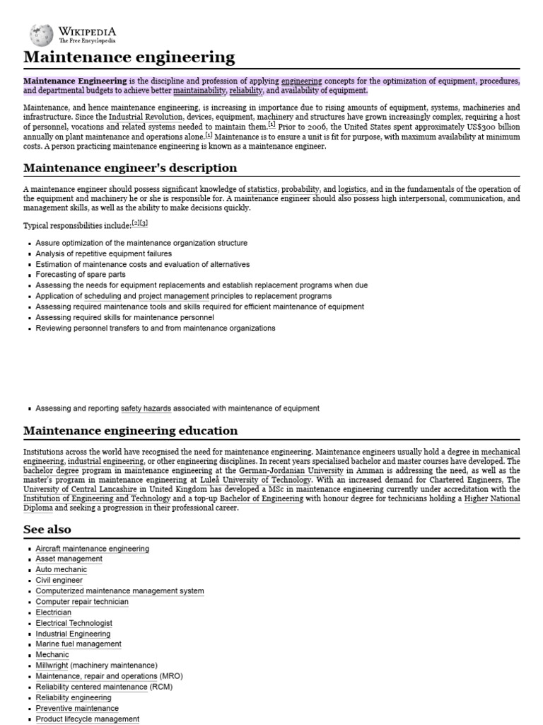 Maintenance Engineering - Wikipedia | PDF