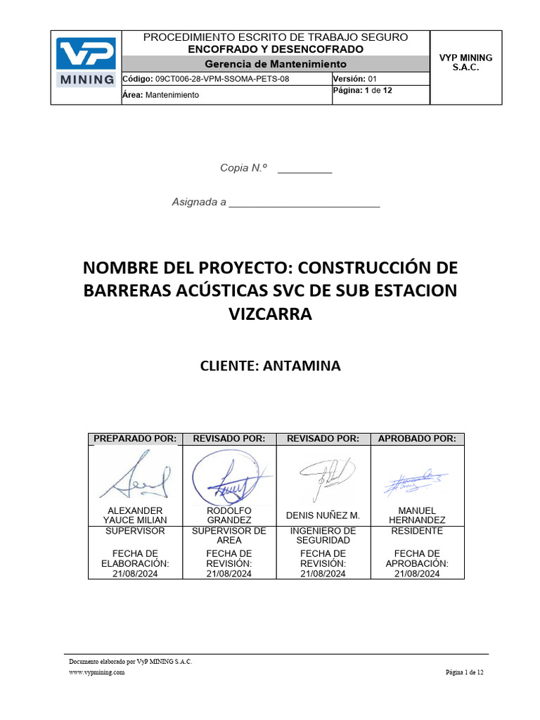 Procedimiento Seguro Encofrado VYP Mining | PDF | Herramientas | Tecnología