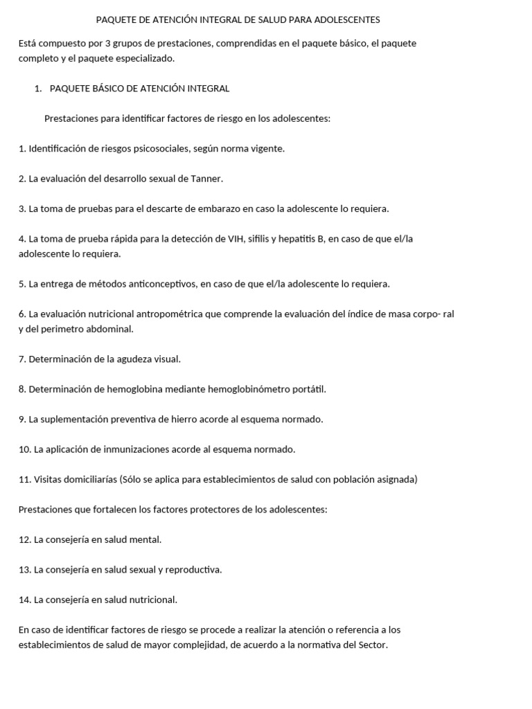 Paquete de Atención Integral de Salud para Adolescentes | PDF
