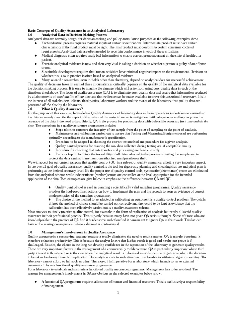 Basic Concepts of Quality Assurance in An Analytical Laboratory-1 | PDF