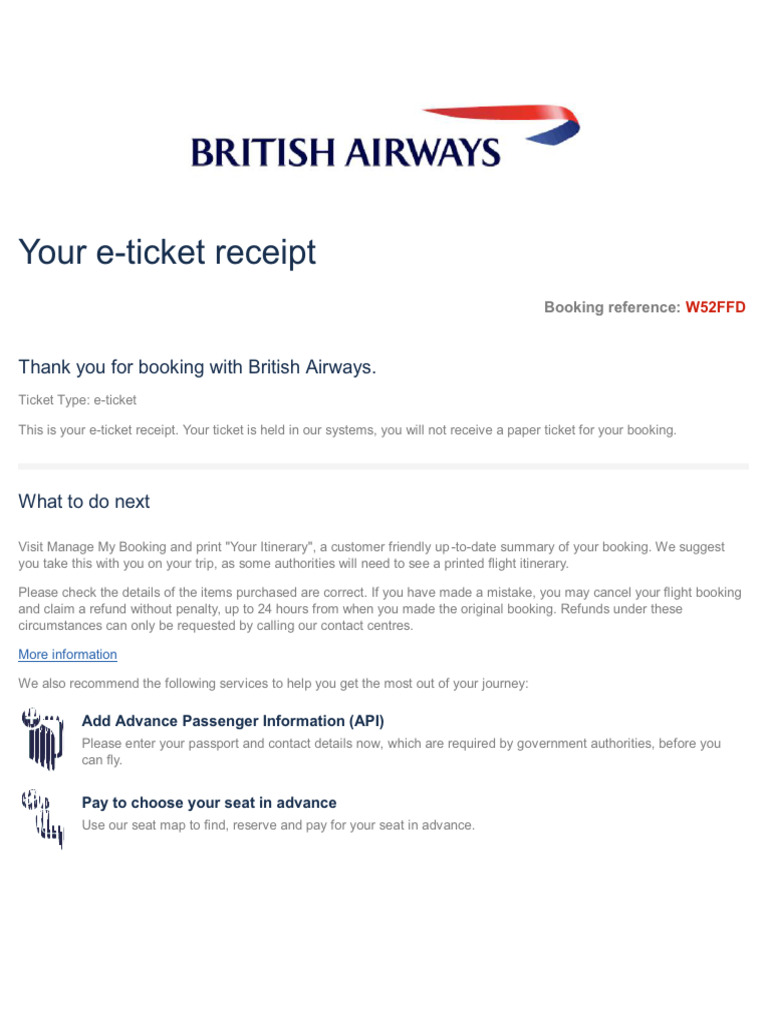 British Airways E-Ticket LHR To Lax W52FFD | PDF | Baggage | Business