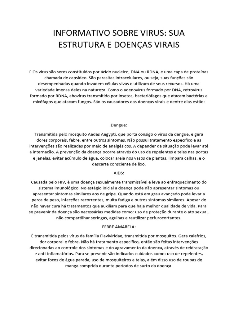 Informativo Sobre Virus Sua Estrutura e Doenças Virais | PDF