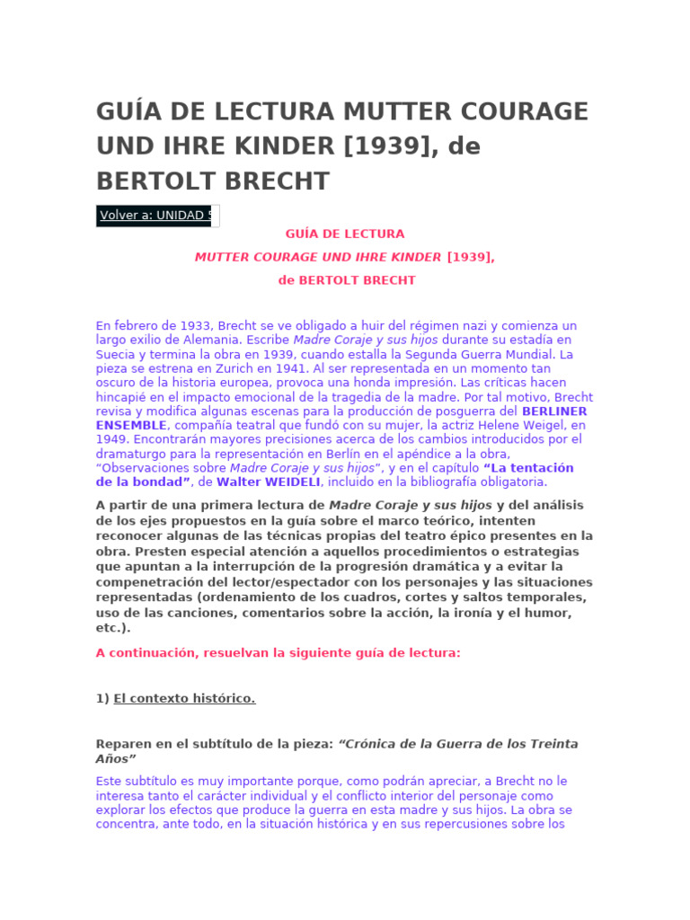 Guía de Lectura Mutter Courage Und Ihre Kinder | PDF