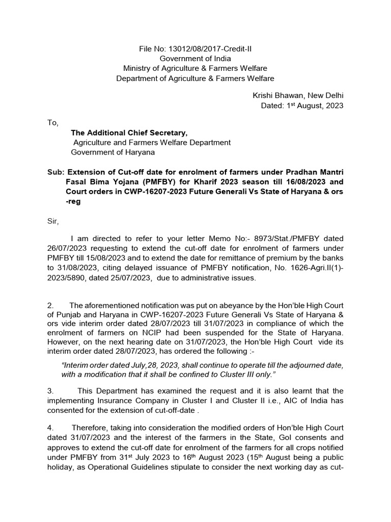 PMFBY Enrollment Deadline Extended | PDF | Finance & Money Management | Law