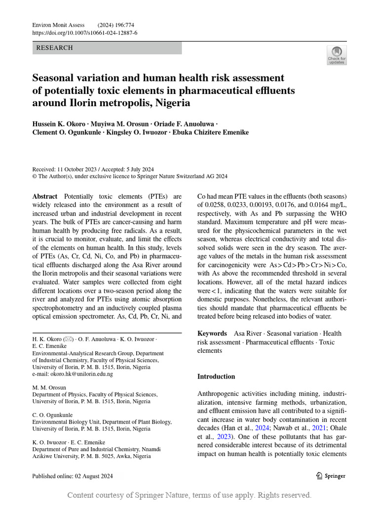 Seasonal Variation and Human Health Risk Assessmen | PDF