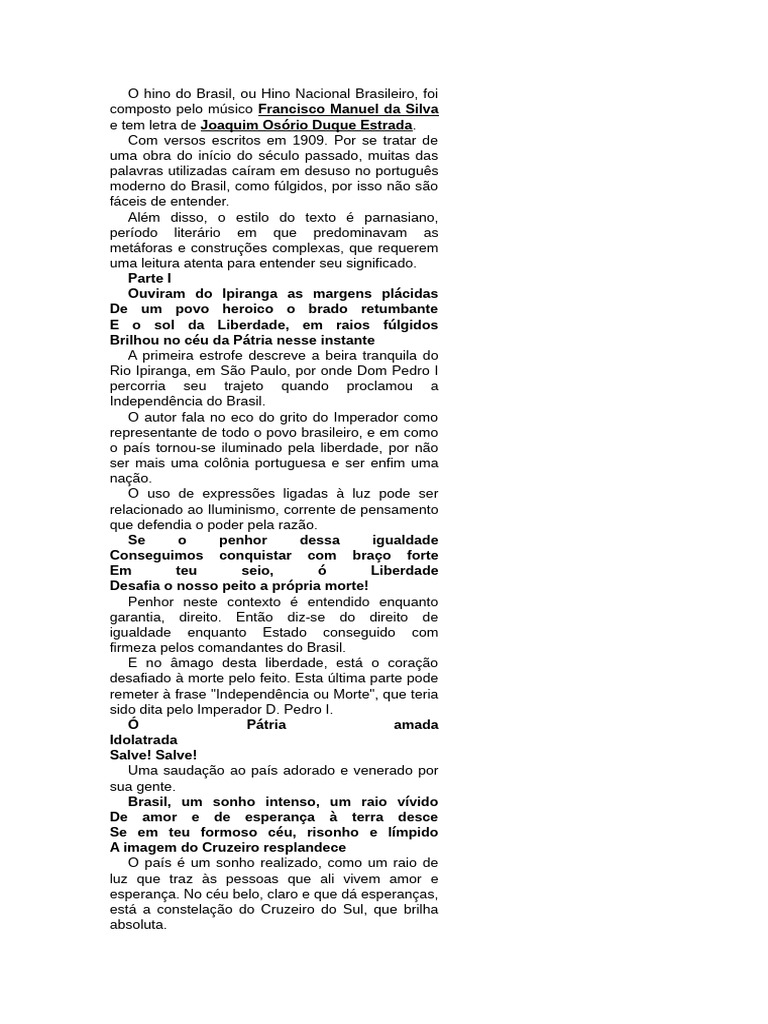 Interpretação Do Hino Do Brasil | PDF