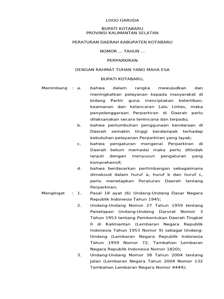 DRAFT RANPERDA PERPARKIRAN KOTABARU Final | PDF